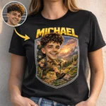 custom hiking caricature t-shirt for group trail trips personalized hiker backpack and mountain scenery souvenir