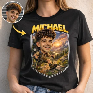 custom hiking caricature t-shirt for group trail trips personalized hiker backpack and mountain scenery souvenir