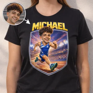 personalized running caricature shirt for marathon finishers custom cross country runner gift with race bib number