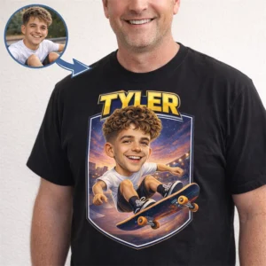 unique skateboarding caricature t-shirt for kids and adults personalized skater birthday gift with custom deck art