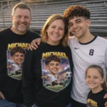 This black crewneck sweatshirt features a high-quality caricature of a soccer player in action. The design includes a personalized name in bold yellow athletic font, a detailed stadium background at sunset, and the player wearing a number 8 jersey. Perfect for family members to wear at games or tournaments.