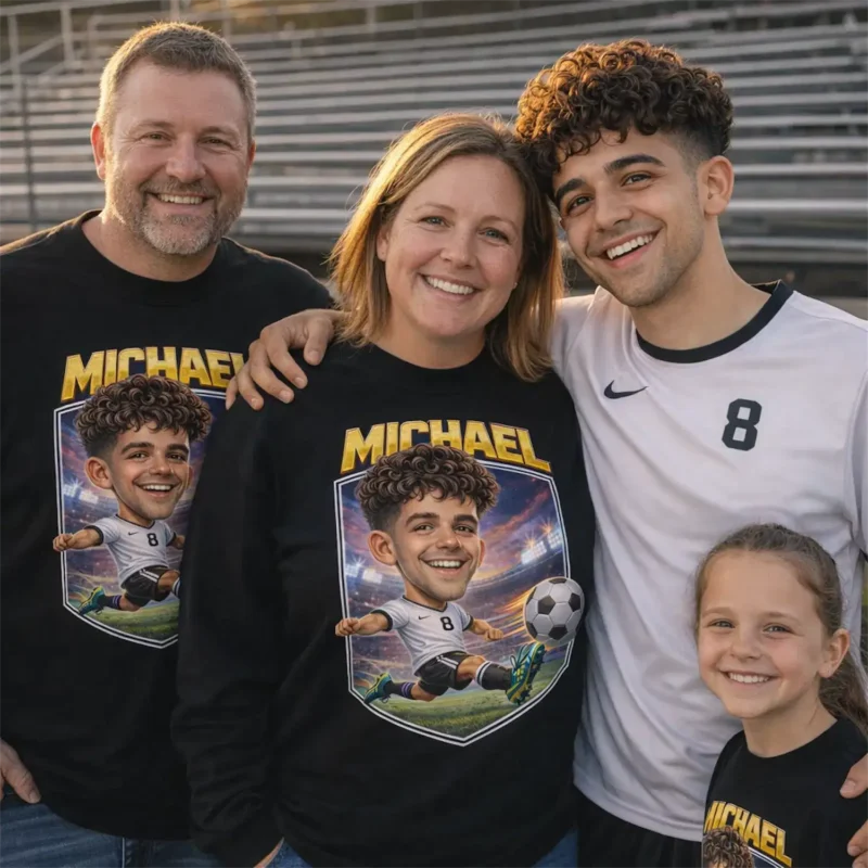 This black crewneck sweatshirt features a high-quality caricature of a soccer player in action. The design includes a personalized name in bold yellow athletic font, a detailed stadium background at sunset, and the player wearing a number 8 jersey. Perfect for family members to wear at games or tournaments.