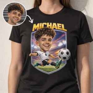 Custom Soccer Player Caricature Black T-Shirt with personalized face photo and name - Gameday Family Matching Set