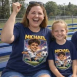 Celebrate your favorite player with this navy blue t-shirt featuring a custom soccer caricature. The artwork showcases name above a dynamic illustration of a soccer player mid-kick in a stadium setting. Designed for comfort and durability during long days at the field.