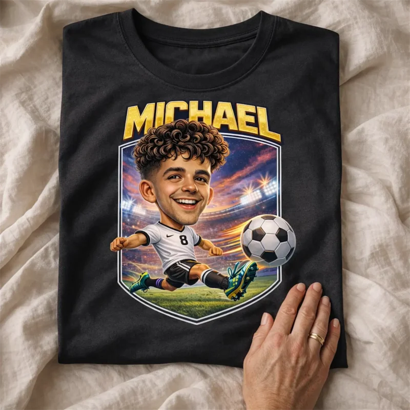 A premium black cotton t-shirt displaying a unique caricature design. The shirt features the name in 3D yellow lettering over a shield-shaped graphic. The illustration captures a soccer player with curly hair in a white and black kit number 8, kicking a ball in a lit stadium.