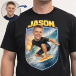 custom surfing caricature shirt for beach trips personalized surfing coach appreciation gift from photo