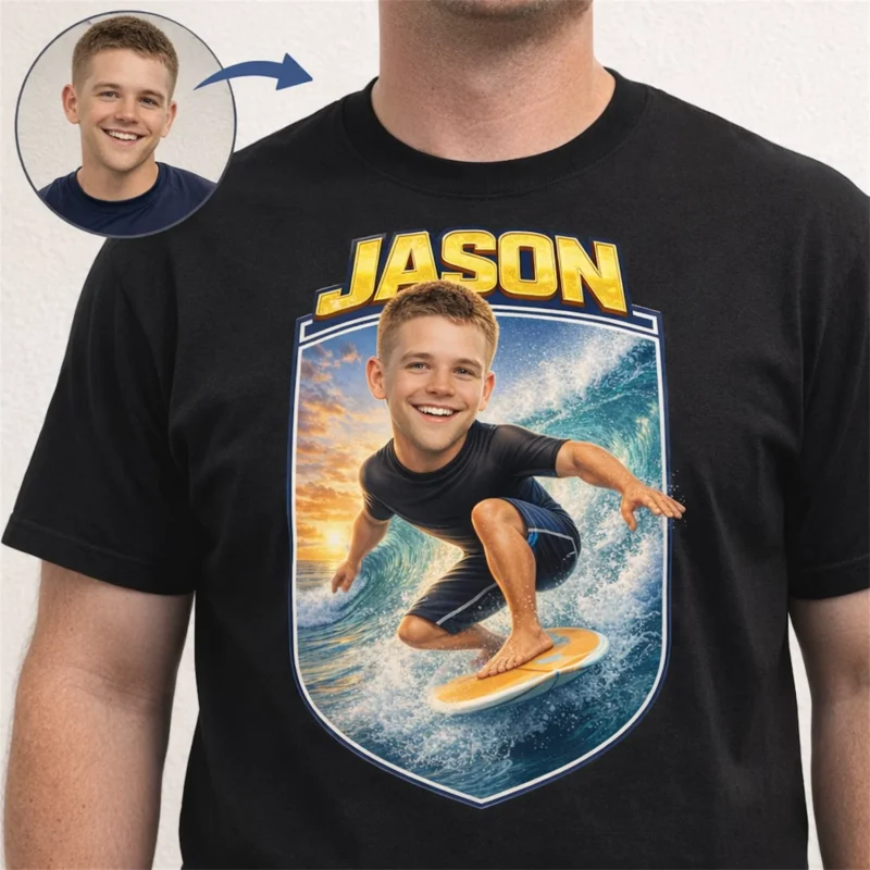 Custom Surfing Caricature Shirt For Beach Trips Personalized Surfing Coach Appreciation Gift From Photo