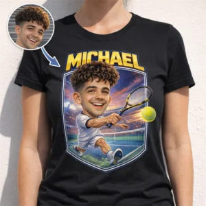 personalized tennis caricature shirt for tennis parents and players custom racket and school colors team apparel